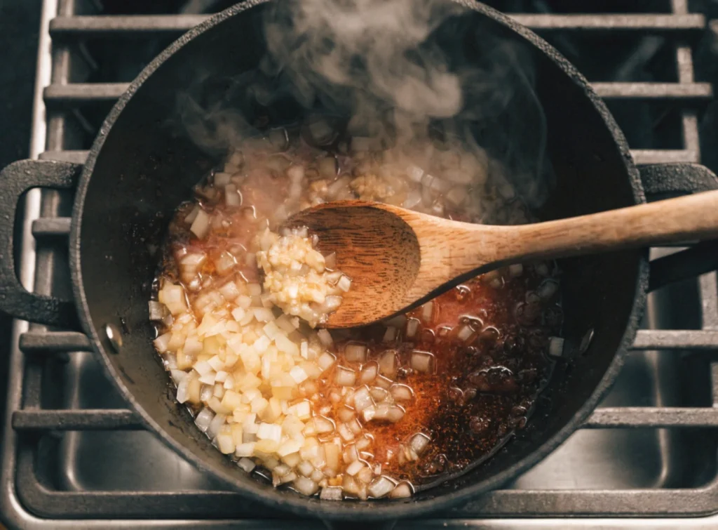 Diced onions and garlic sautéing in pot for italian parmesan sausage soup