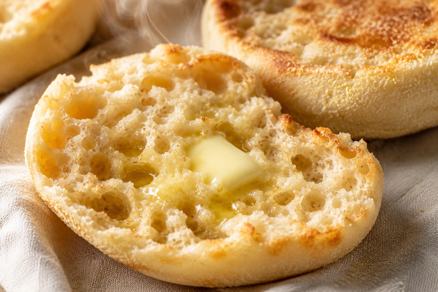 Close-up of freshly split sourdough English muffin showing airy texture with classic nooks and crannies, golden brown exterior with cornmeal dusting