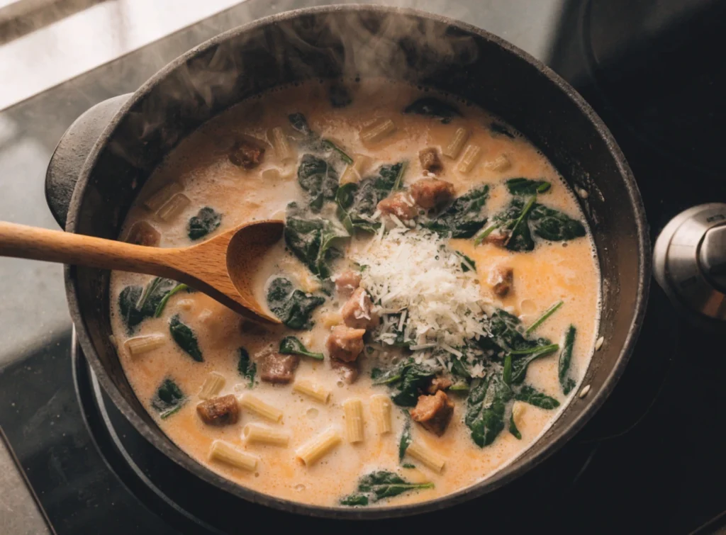 Freshly grated parmesan cheese melted into creamy italian sausage soup