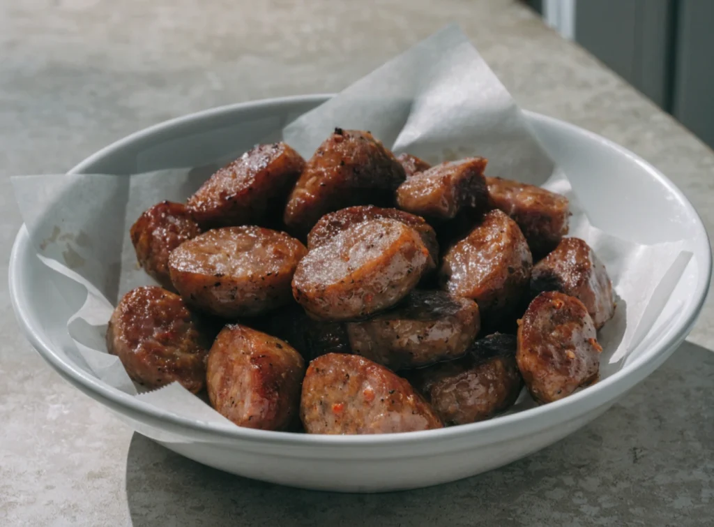 Browned crumbled italian sausage cooking in pot for creamy parmesan soup recipe