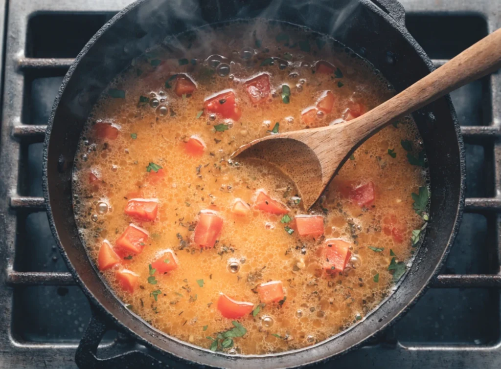 Chicken broth and diced tomatoes combined in pot for creamy italian sausage soup base