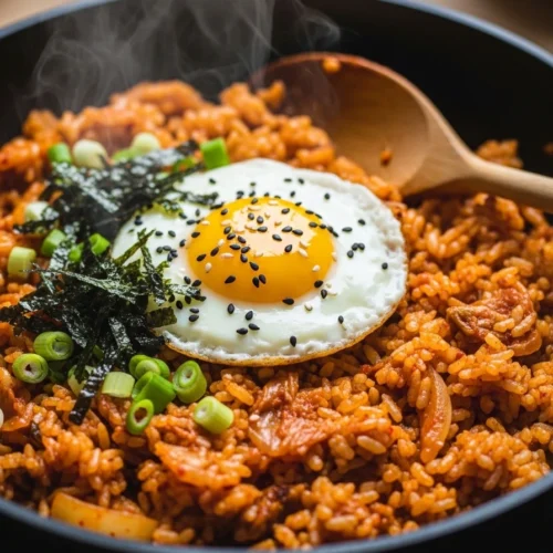 Korean kimchi fried rice in white bowl with broken fried egg yolk flowing over rice, garnished with scallions and sesame seeds