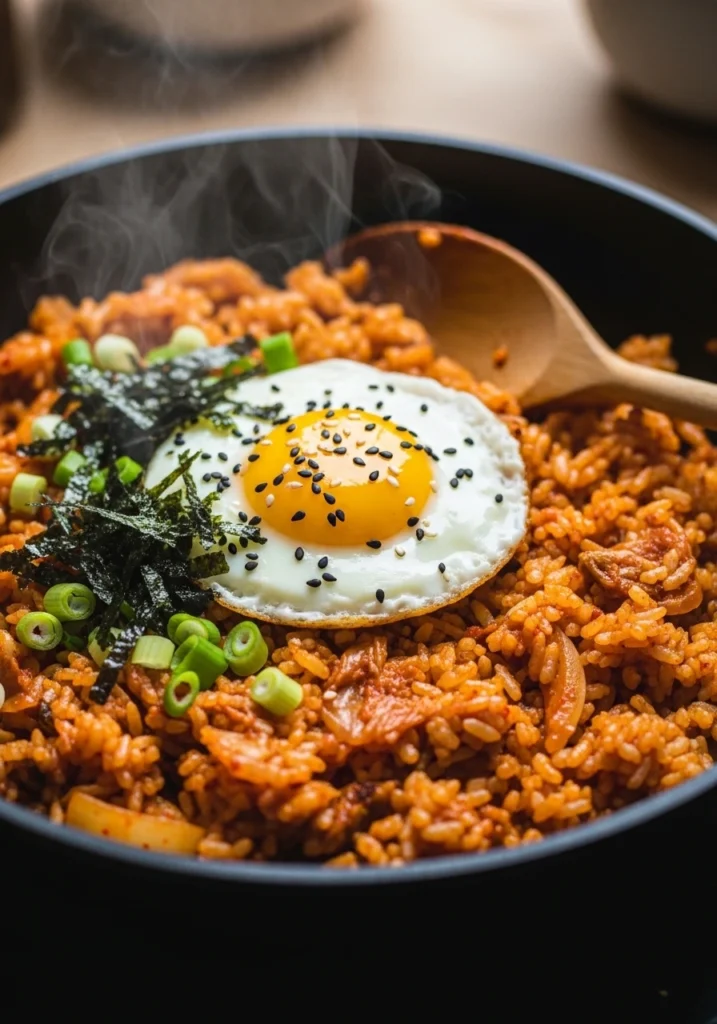 Korean kimchi fried rice in white bowl with broken fried egg yolk flowing over rice, garnished with scallions and sesame seeds