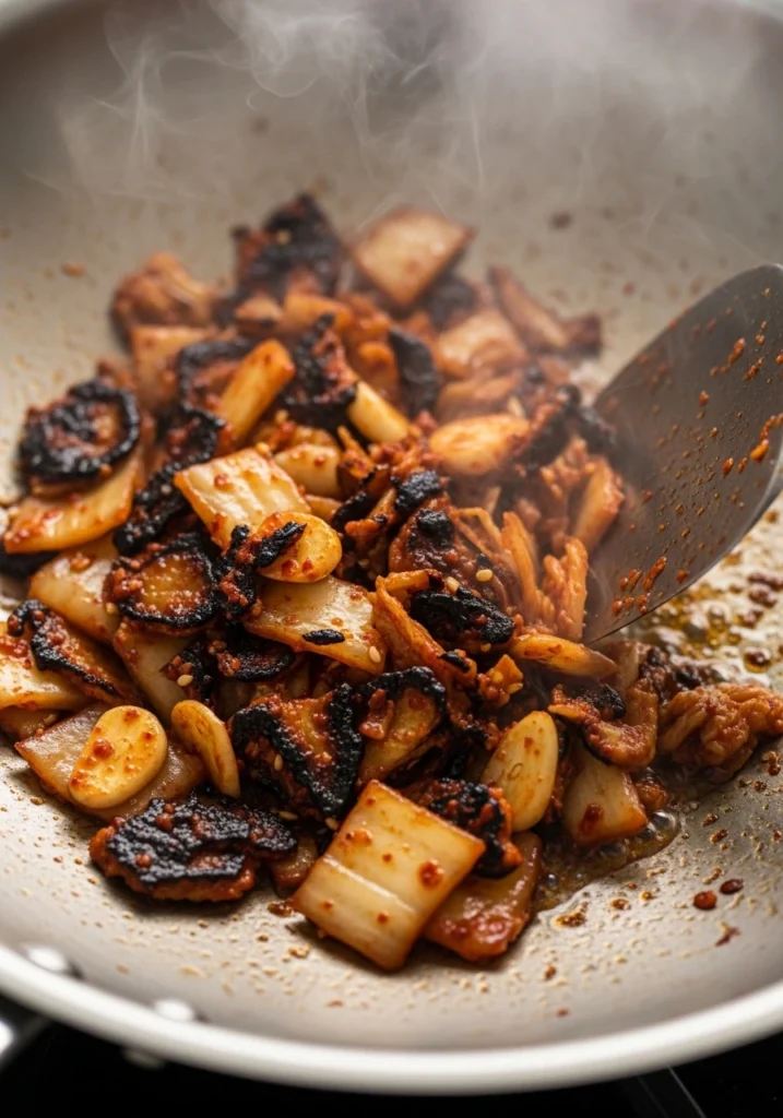 Chopped kimchi stir-frying in hot wok showing caramelization and char marks with sesame oil