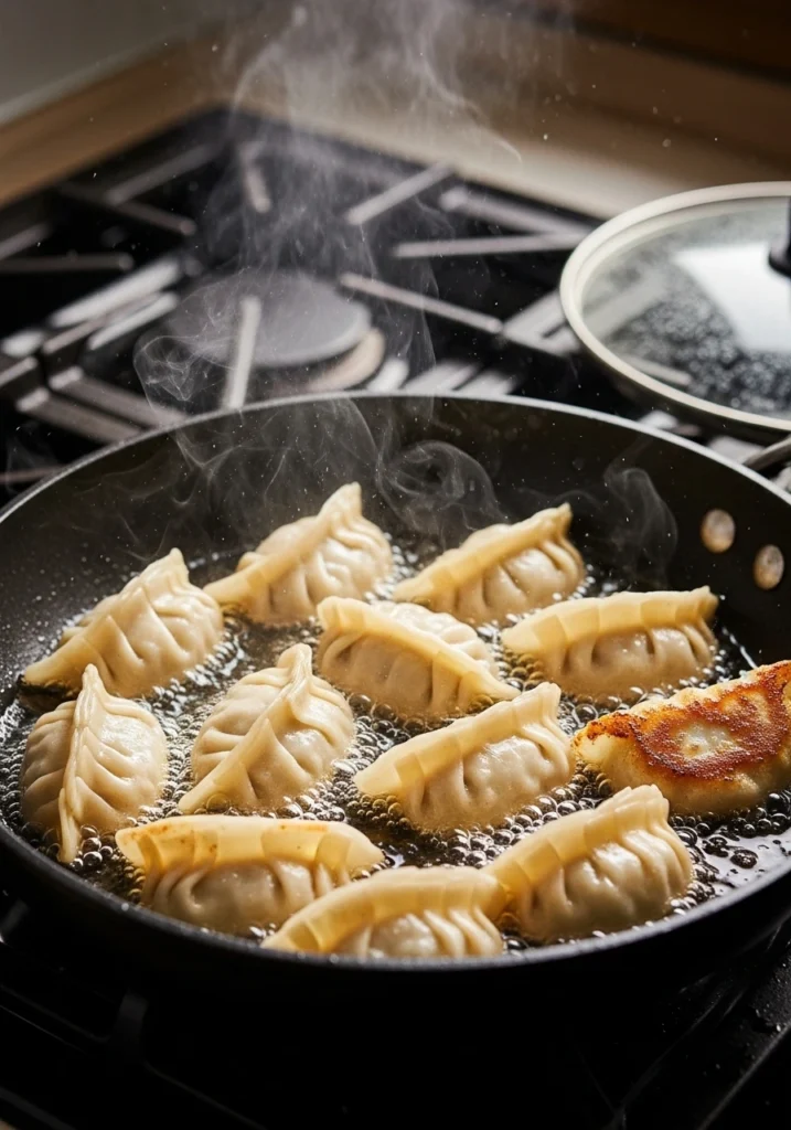 vegetarian dumplings being pan fried