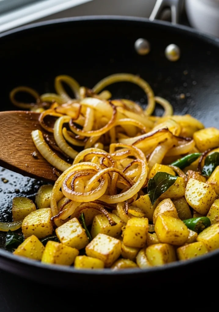 Onion and potatoes cooking shot