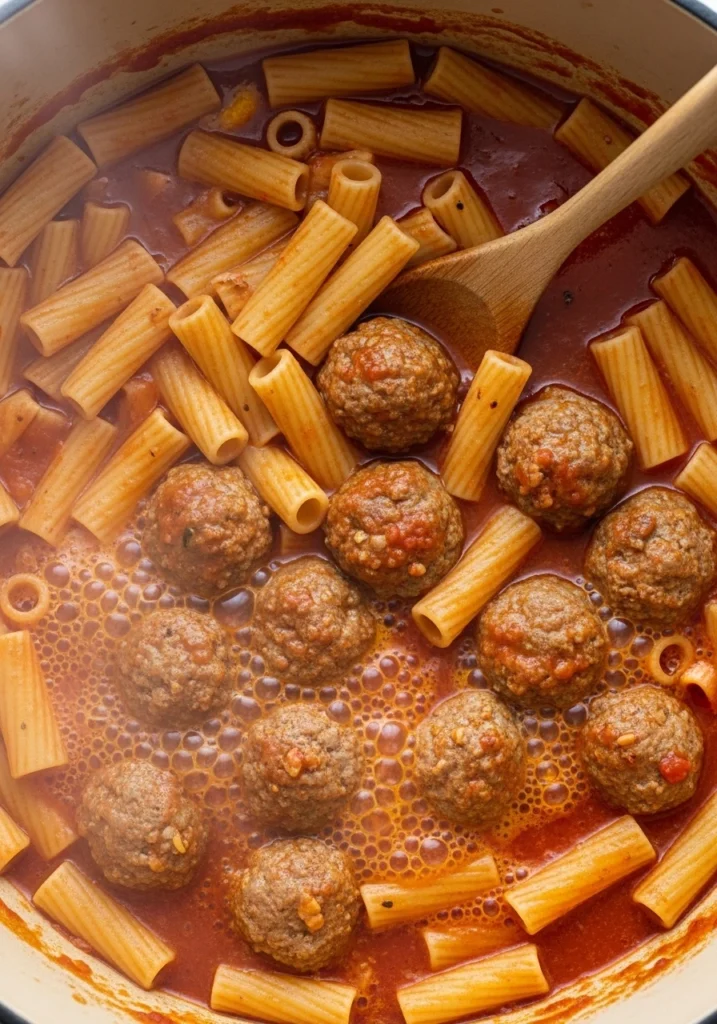 pasta cooking alongside sausage meatballs