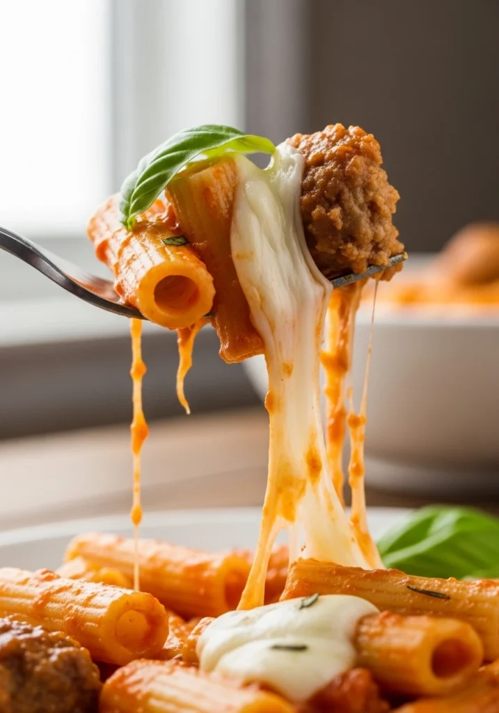 a fork of the best one pot sausage meatball pasta