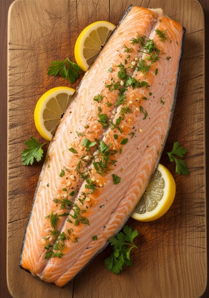 Crispy baked fillet on white platter with garlic, lemon, parsley, sea salt