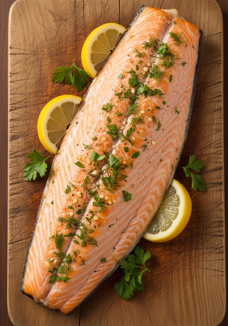 Crispy baked fillet on white platter with garlic, lemon, parsley, sea salt