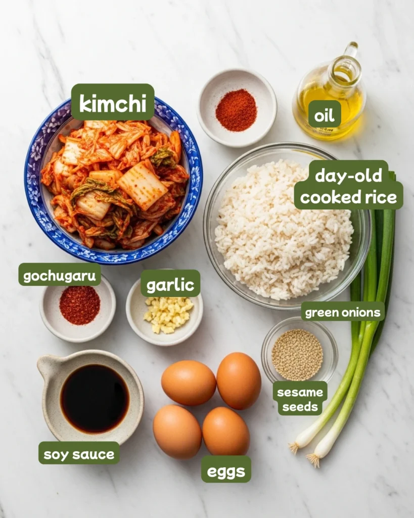 Kimchi fried rice ingredients including day-old rice, chopped kimchi, gochugaru, sesame oil, eggs, and garlic on marble countertop