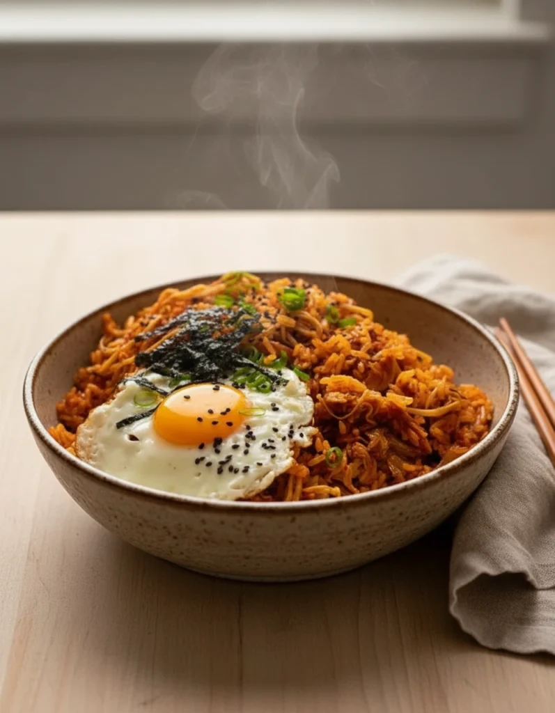 Overhead view of homemade kimchi fried rice with fried egg, sesame seeds, and chopsticks on dark ceramic bowl