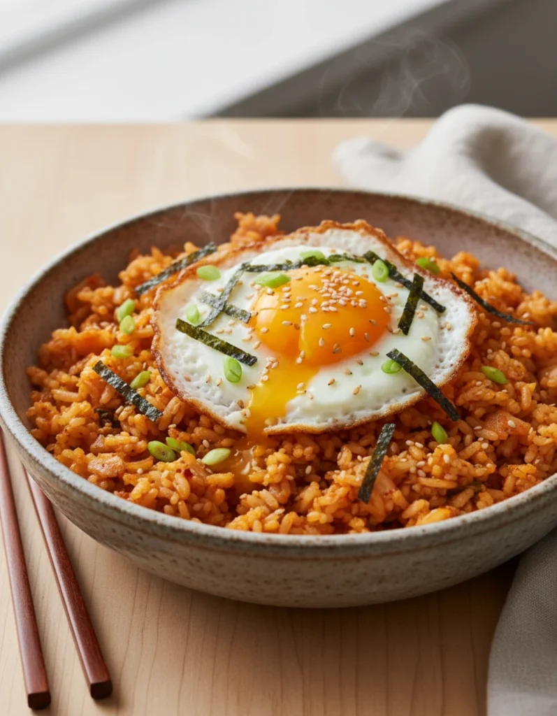 Korean kimchi fried rice in ceramic bowl topped with fried egg and crispy edges, garnished with sesame seeds and scallions