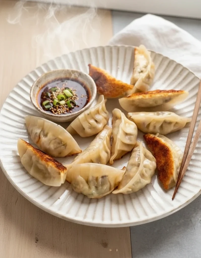 vegetarian dumplings recipe served in a white plate