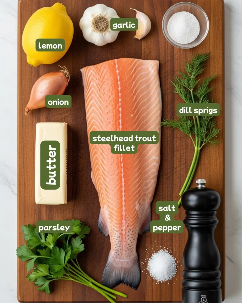 Raw fillet with lemons, garlic, butter, olive oil, herbs on cutting board