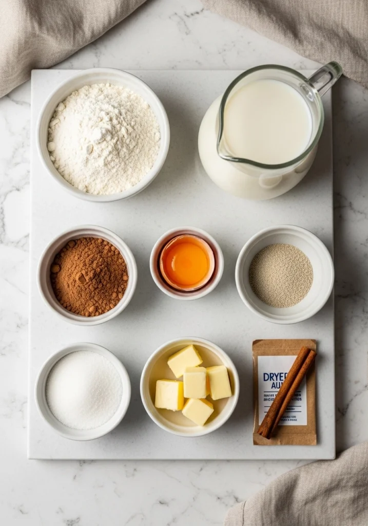 Overhead flat-lay of all ingredients needed for a simple chocolate bun recipe including flour, cocoa powder, butter, eggs, milk and yeast