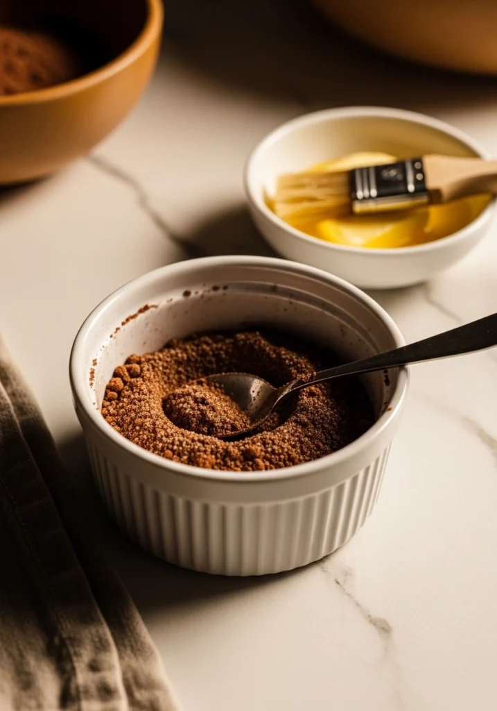 Dark cocoa powder and sugar chocolate filling mixture in a white bowl with melted butter and pastry brush for German chocolate rolls