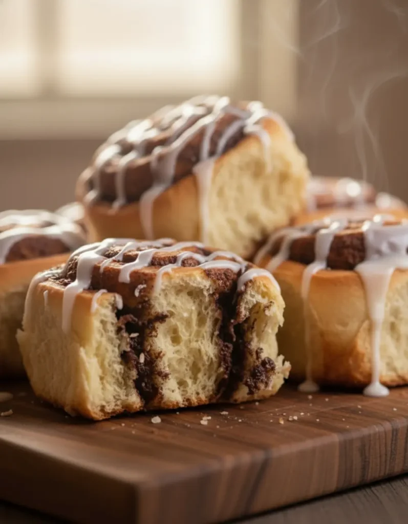 Close-up of soft fluffy German chocolate rolls with vanilla glaze drizzle showing rich cocoa swirl inside