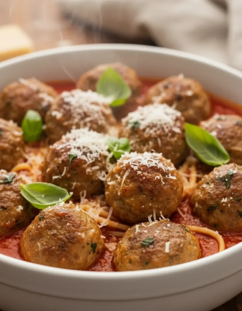juicy Italian chicken meatballs served in a rustic white bowl with rich marinara sauce, fresh basil, and grated Parmesan cheese over spaghetti