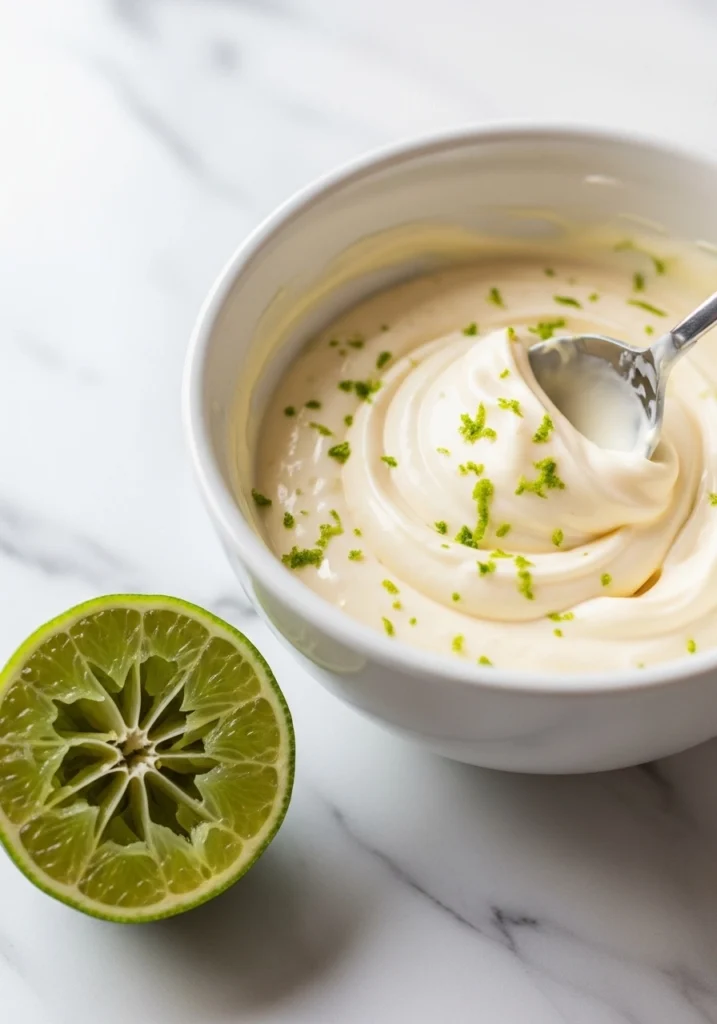 Creamy mayonnaise and sour cream dressing with lime juice
being mixed in a small white bowl for Mexican corn recipe