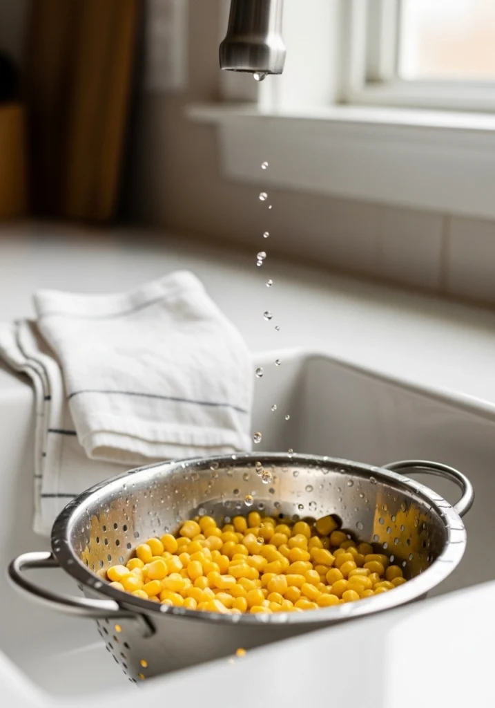 Canned corn kernels draining in a stainless steel colander
before being charred for a Mexican street corn recipe