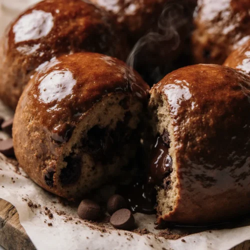 Japanese milk bread chocolate buns stacked on a dark slate surface with one bun torn open showing a molten dark chocolate ganache center, styled with cocoa powder and chocolate chips for a rich moody food photography aesthetic