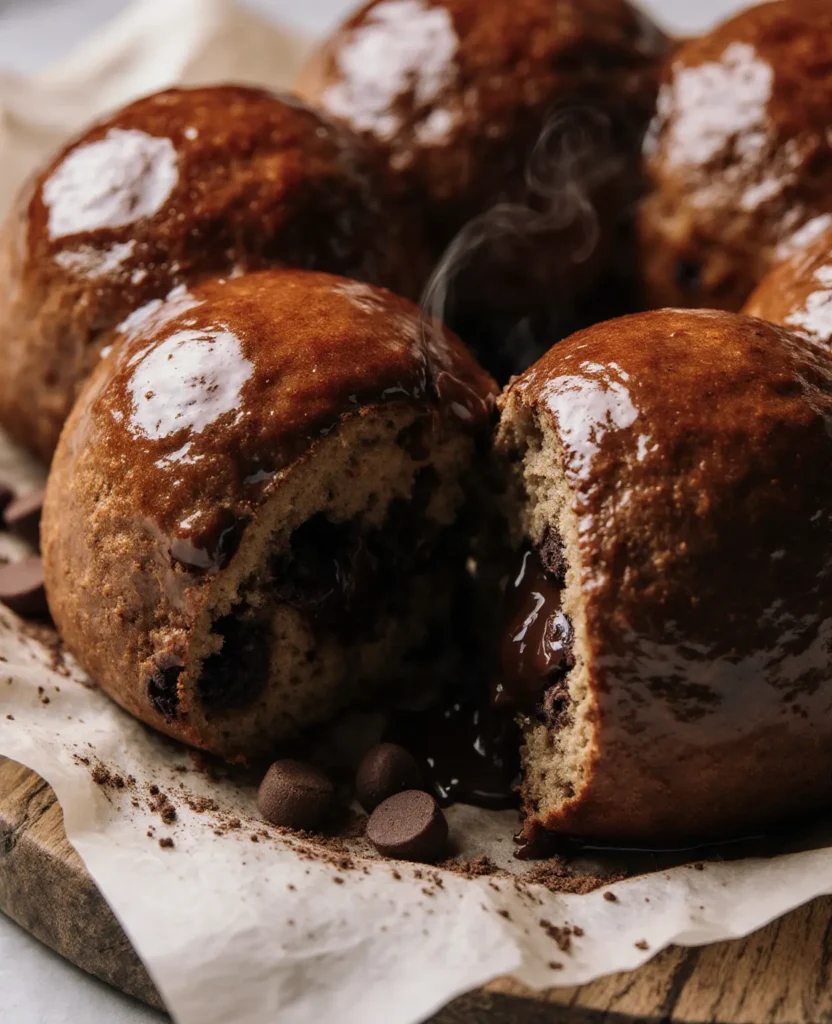 Japanese milk bread chocolate buns stacked on a dark slate surface with one bun torn open showing a molten dark chocolate ganache center, styled with cocoa powder and chocolate chips for a rich moody food photography aesthetic