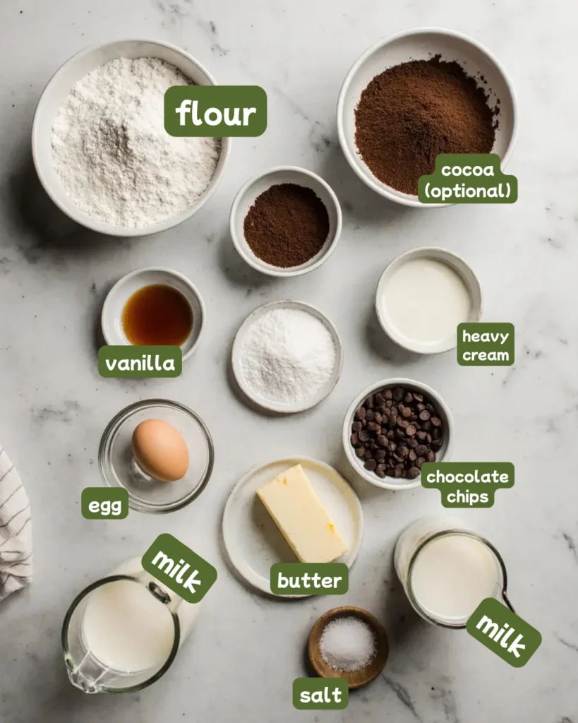 Overhead flat lay of all ingredients needed for an easy chocolate bun recipe with cocoa powder, including bread flour, dark cocoa powder, sugar, egg, butter, whole milk, instant yeast, dark chocolate chips, and heavy cream arranged on a white marble surface