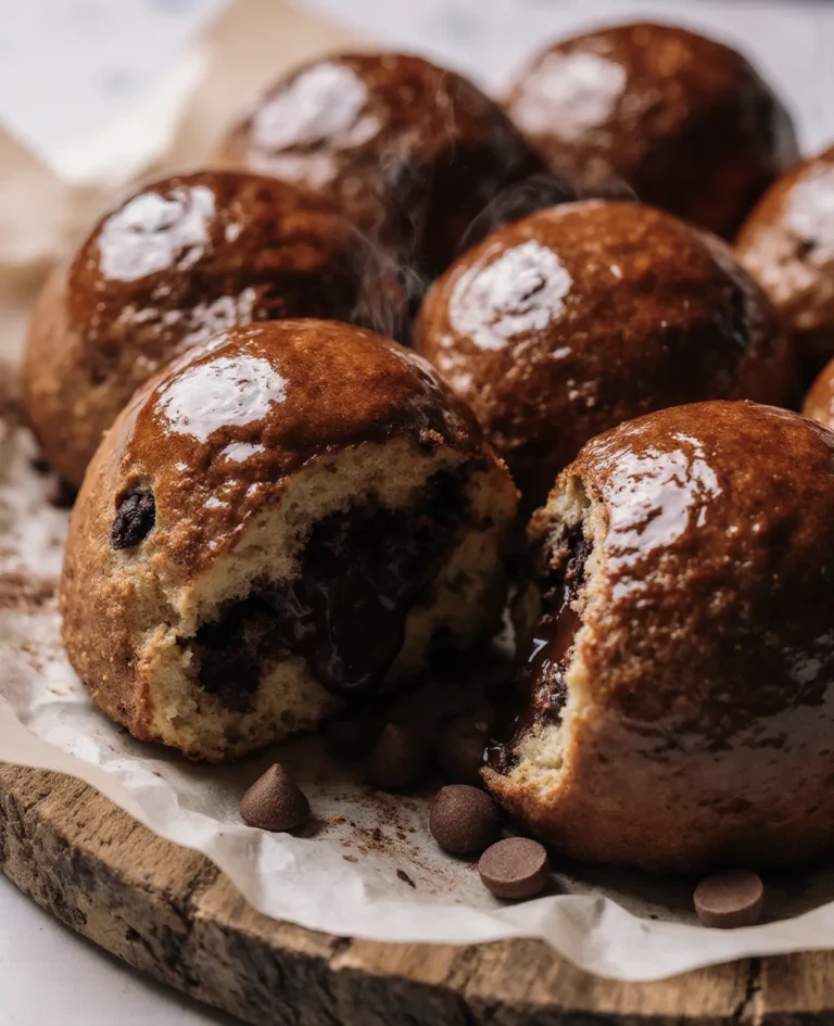 A freshly baked Japanese milk bread chocolate bun revealing a glossy molten dark chocolate ganache center, styled on a dark wooden surface with cocoa powder and chocolate chips