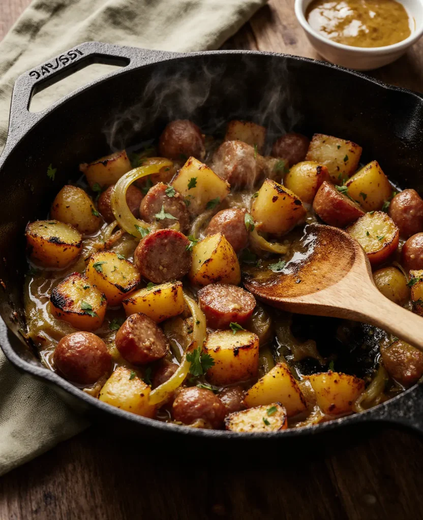 Golden crispy French sausage potato leek Dijon mustard hash served in a cast iron skillet garnished with fresh parsley