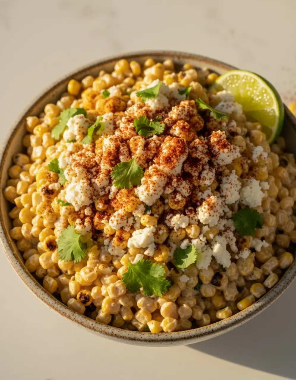 A flavorful bowl of creamy Mexican corn recipe made with canned corn, topped with cotija cheese, chili powder, and fresh cilantro