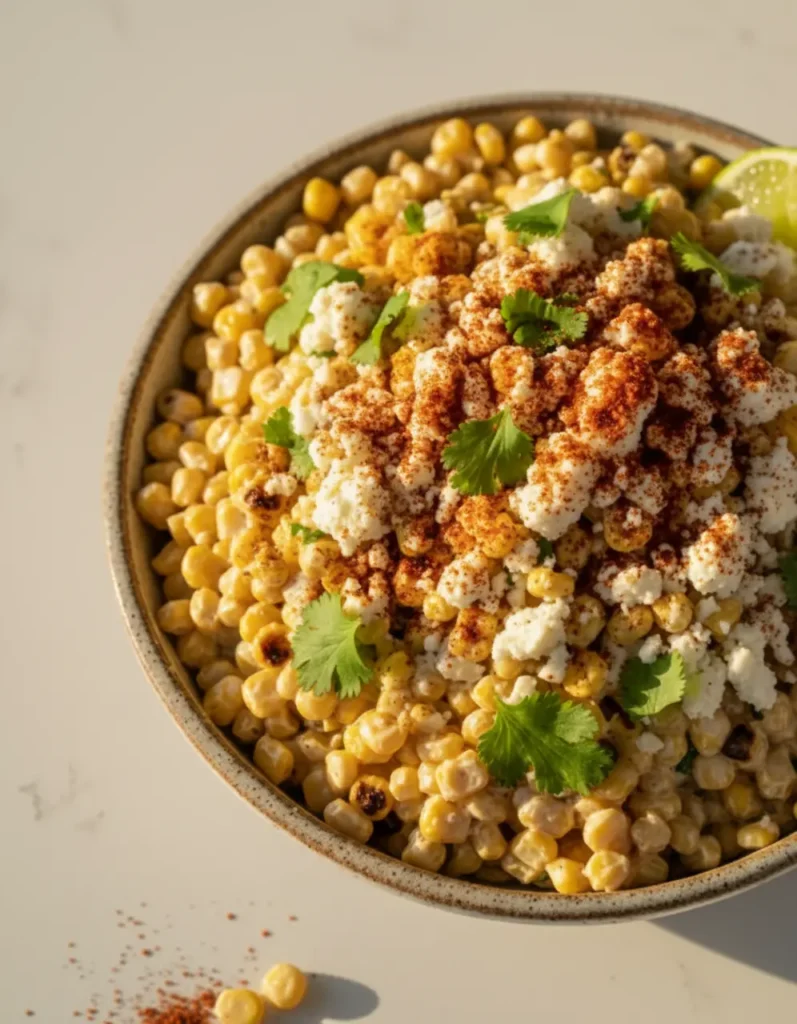 A bowl of creamy Mexican corn recipe made with canned corn, being served and
topped with cotija cheese, chili powder, and fresh cilantro