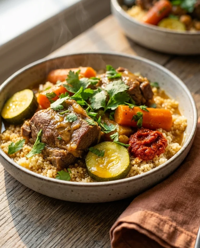 A rustic ceramic bowl of French couscous with tender lamb chunks, zucchini rounds, and carrots in a rich amber broth, garnished with fresh parsley and a dollop of harissa
