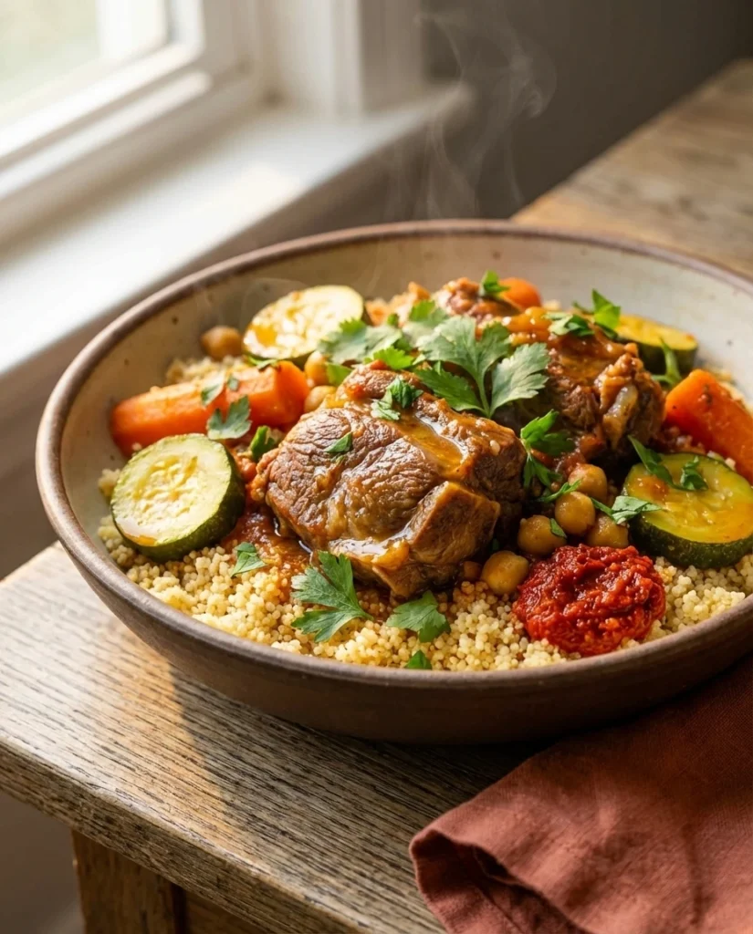 Close-up of a cream ceramic bowl filled with fluffy couscous topped with braised lamb, zucchini, carrots, and golden broth, served with harissa, fresh parsley, and a lemon wedge