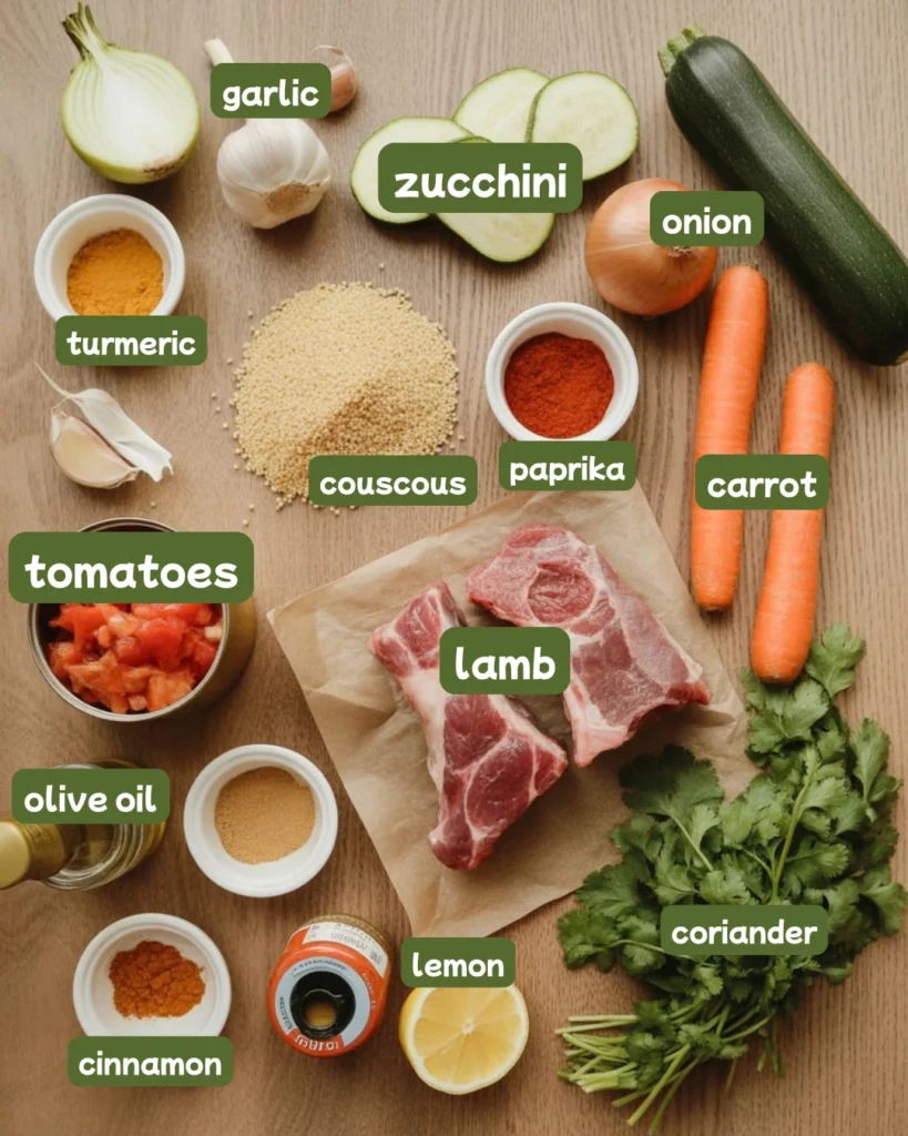 Overhead flat lay of all ingredients for French couscous recipe including raw lamb, dry couscous, zucchini, carrots, onion, garlic, spices, harissa, and fresh cilantro on a wooden surface