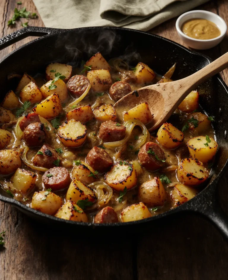 Golden crispy French sausage potato leek Dijon mustard hash served in a cast iron skillet garnished with fresh parsley
