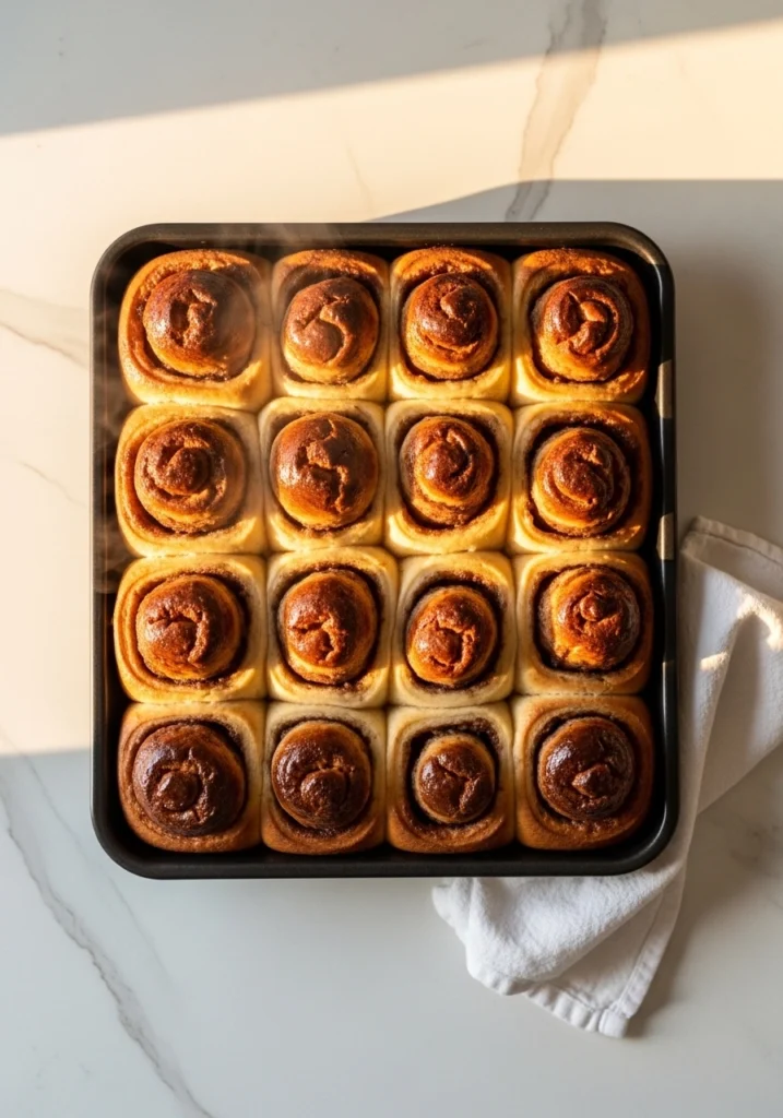 Sixteen freshly baked golden brown German chocolate rolls in a rectangular baking pan pull-apart style straight from the oven