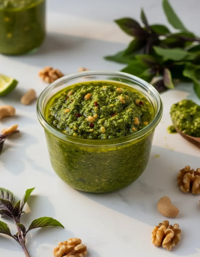 Finished homemade Thai basil pesto sauce stored in a glass jar with a golden olive oil seal on top and fresh Thai basil leaves garnish, sitting on a dark slate board with peanuts and lime wedge