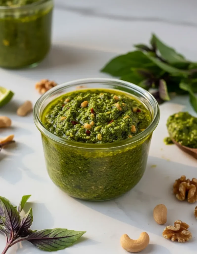 Homemade Thai basil pesto recipe served in a rustic glass jar with olive oil on top, surrounded by fresh Thai basil leaves, roasted peanuts, walnuts, and a halved lime