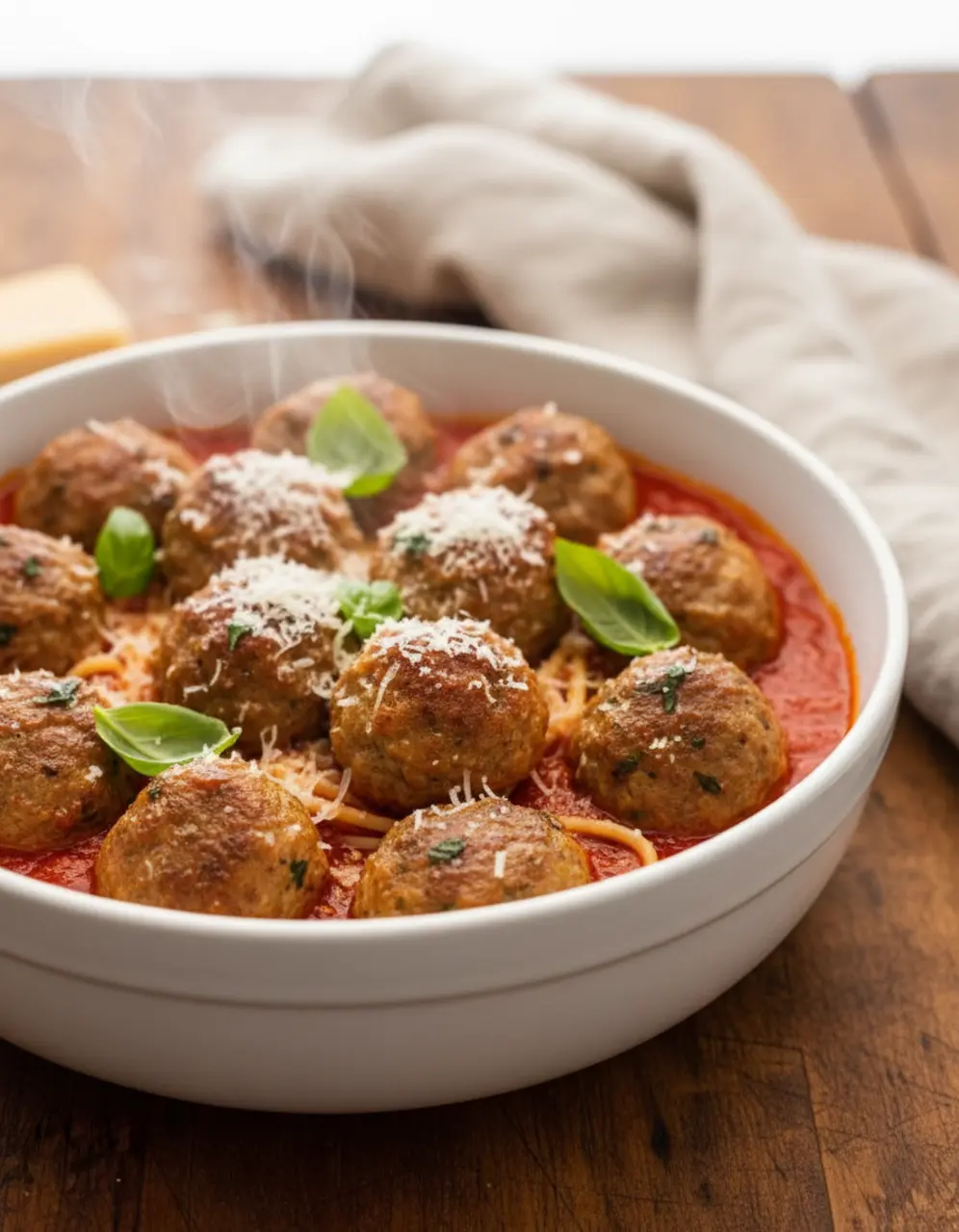 Italian chicken meatballs over spaghetti in a shallow pasta bowl with marinara sauce being poured from a ladle, fresh basil and Parmesan falling over the dish