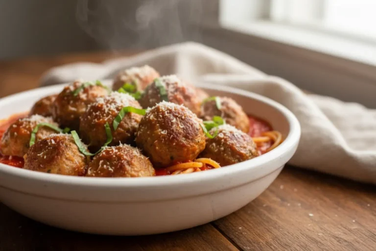 A close-up of juicy Italian chicken meatballs served in a rustic white bowl with rich marinara sauce, fresh basil, and grated Parmesan cheese over spaghetti