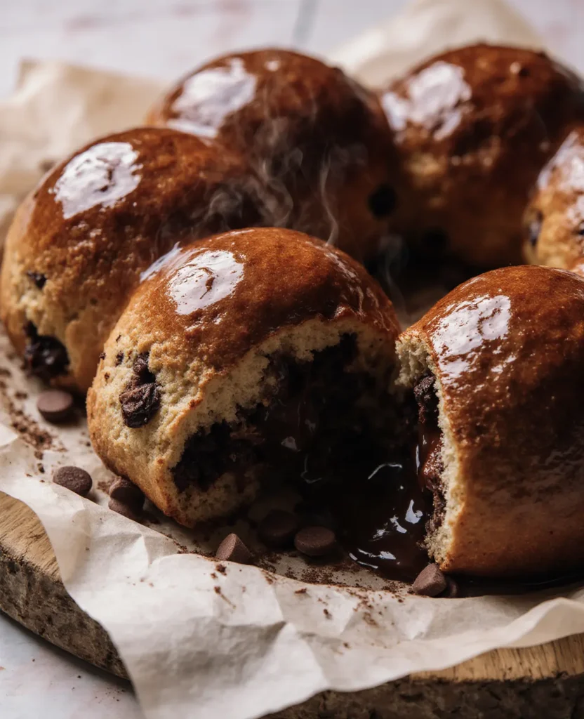 soft Japanese chocolate milk bread buns on a small ceramic plate, one torn open to show fluffy interior, served alongside a tall glass of cold milk on a light oak breakfast table with morning window light