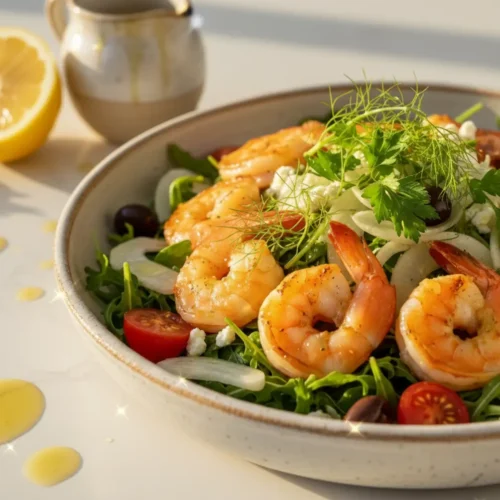 Mediterranean shrimp fennel salad in a rustic ceramic bowl with golden seared shrimp, feta, olives, and fresh herbs with text overlay reading Mediterranean Shrimp Fennel Salad ready in 20 minutes gluten free family approved