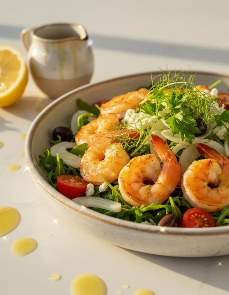 Mediterranean shrimp fennel salad in a rustic ceramic bowl with golden seared shrimp, feta, olives, and fresh herbs with text overlay reading Mediterranean Shrimp Fennel Salad ready in 20 minutes gluten free family approved