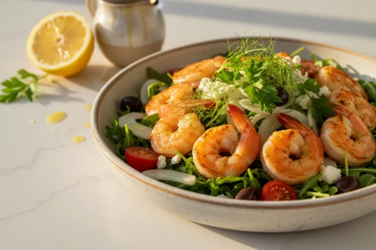 Close-up of a rustic ceramic bowl filled with Mediterranean shrimp fennel salad topped with golden seared shrimp, crumbled feta, Kalamata olives, and fresh fennel fronds