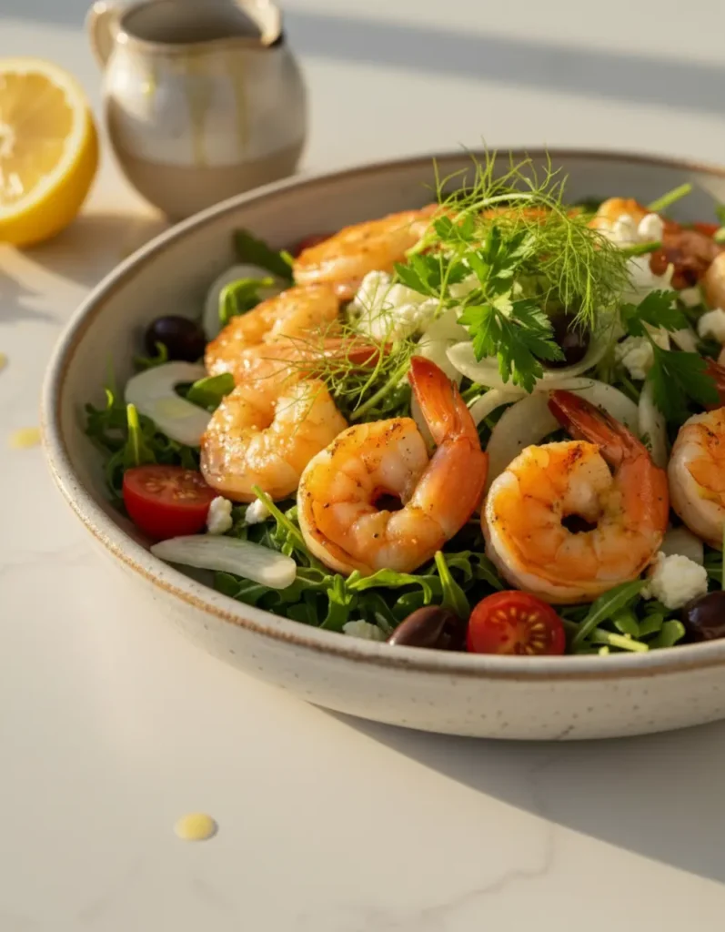Overhead flat lay of a white serving platter with Mediterranean shrimp fennel salad showing seared shrimp, thinly sliced fennel, cherry tomatoes, olives, cucumber, and feta cheese with lemon dressing