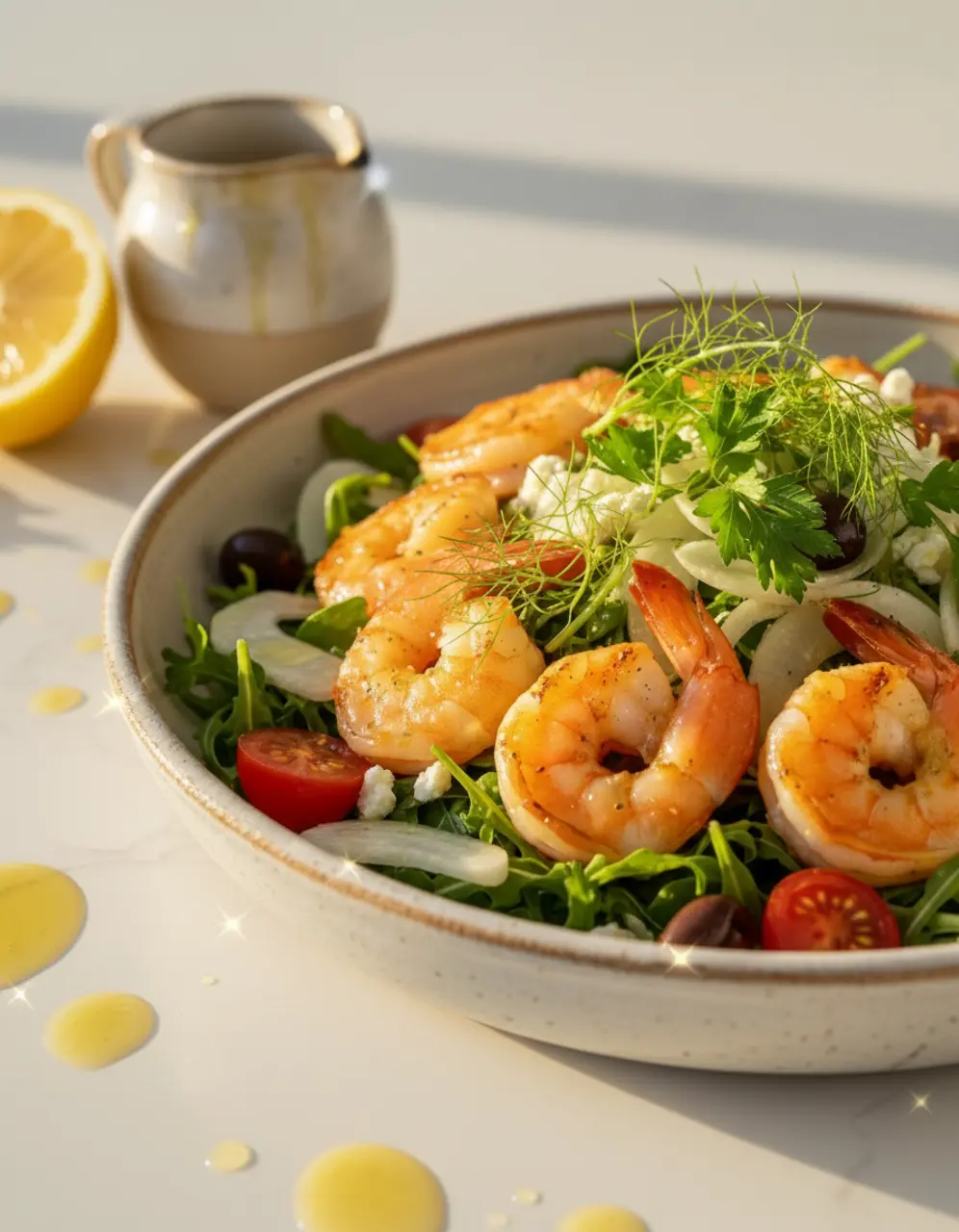 Mediterranean shrimp fennel salad in a rustic ceramic bowl with golden seared shrimp, feta, olives, and fresh herbs with text overlay reading Mediterranean Shrimp Fennel Salad ready in 20 minutes gluten free family approved