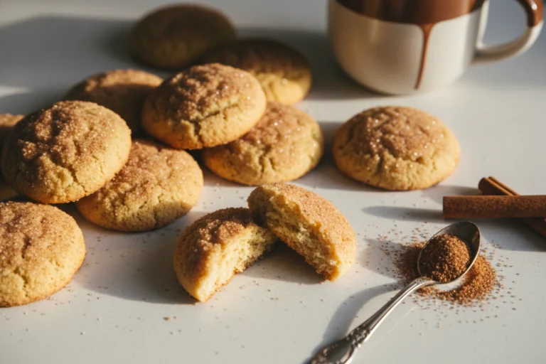 Crispy homemade Mexican cinnamon sugar cookies (Polvorones de Canela) dusted with cinnamon sugar on a rustic wooden board with a cinnamon stick and Mexican hot chocolate