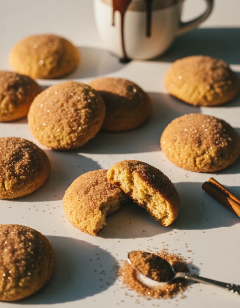 Crispy homemade Mexican cinnamon sugar cookies dusted with cinnamon sugar on a rustic wooden board with a cinnamon stick and Mexican hot chocolate