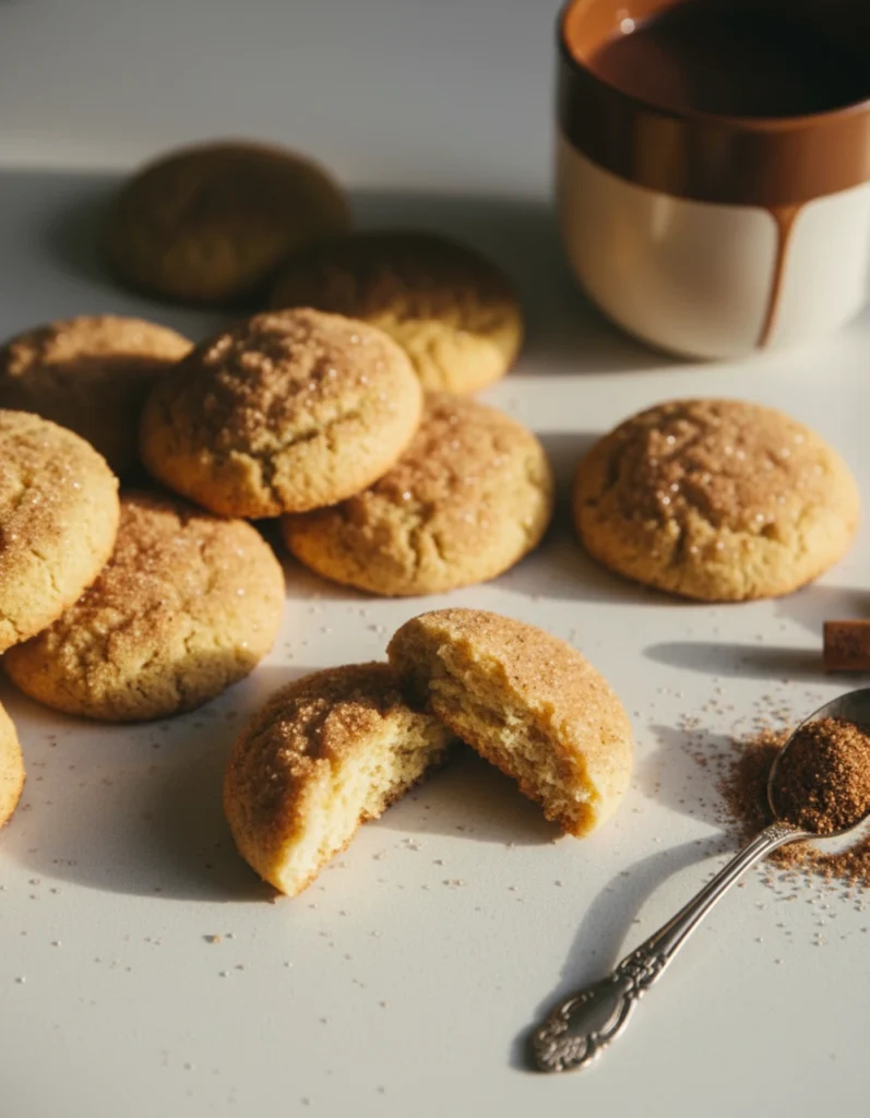 Crispy homemade Mexican cinnamon sugar cookies (Polvorones de Canela recipe) dusted with cinnamon sugar on a rustic wooden board with a cinnamon stick and Mexican hot chocolate